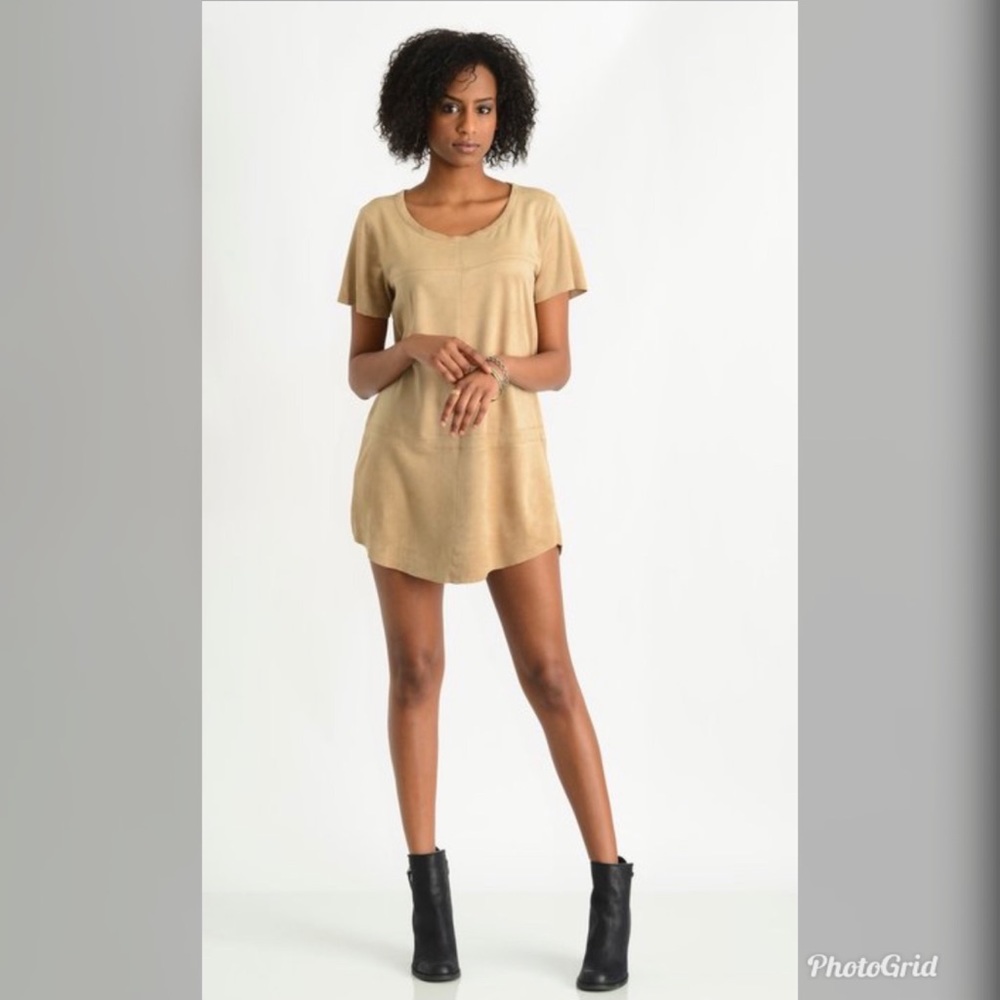 Olivaceous faux suede short sleeve shift dress